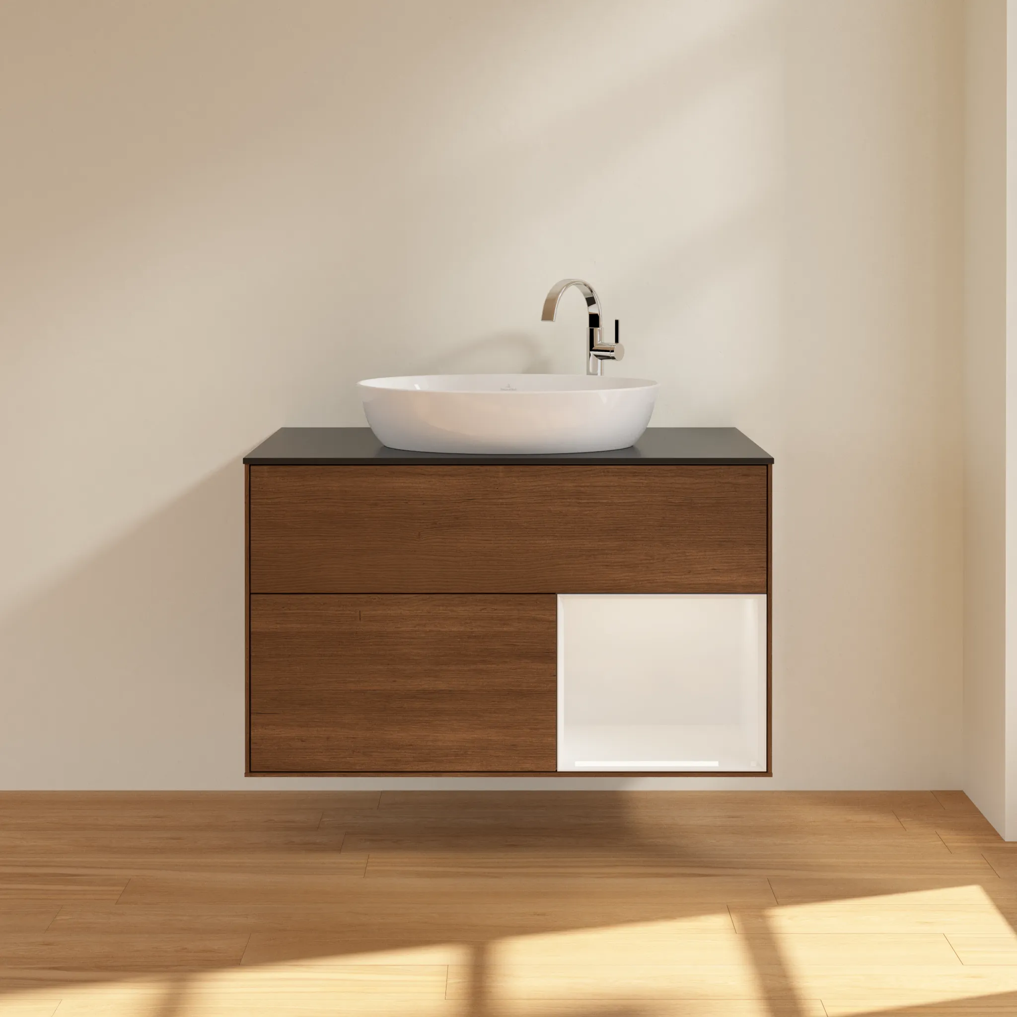 Villeroy & Boch Waschtischunterschrank „Finion“ für Schrankwaschtisch 1000 × 603 × 501 mm Walnut Veneer, für Becken mittig, mit Hahnlochbohrung Villeroy & Boch Waschtischunterschrank „Finion“ für Schrankwaschtisch 1000 × 603 × 501 mm Walnut Veneer, für Becken mittig, mit Hahnlochbohrung