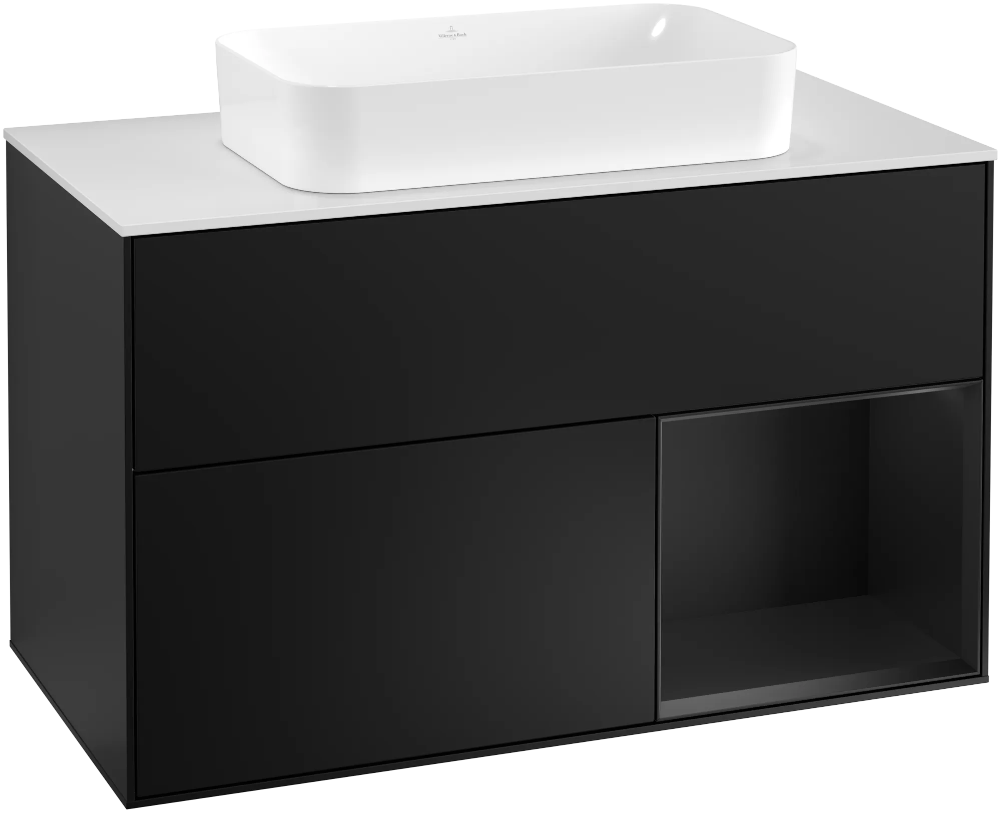 Villeroy & Boch Finion Waschbeckenunterschrank G25, 1000 x 603 x 501 mm, Black Matt Lacquer / Glass White Matt