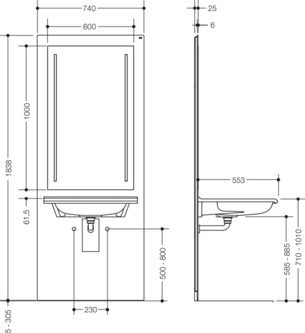 HEWI Waschtisch-Modul S 50, Höhenverstellbar, LED-Lichtspiegel, Weiß HEWI Waschtisch-Modul S 50, Höhenverstellbar, LED-Lichtspiegel, Weiß