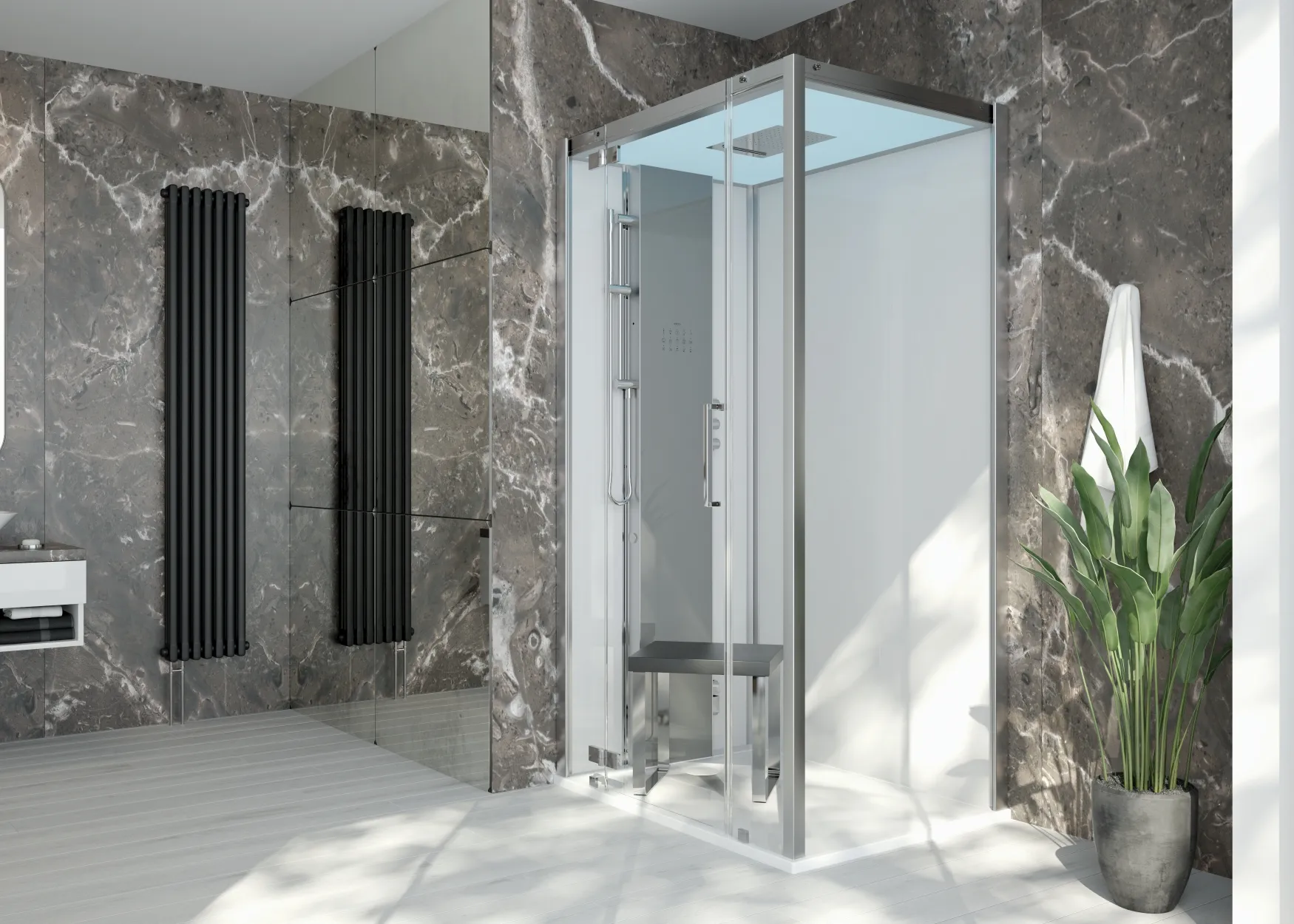 Dampfkabine SensePerience Rechteck 1200x900 li. DW Solique Weiß ohne Antir., Wände Schwarz Dampfkabine SensePerience Rechteck 1200x900 li. DW Solique Weiß ohne Antir., Wände Schwarz