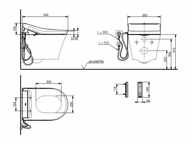 Dusch-WC WASHLET® mit seitlichen Anschlüssen „RG“ 383 × 130 mm