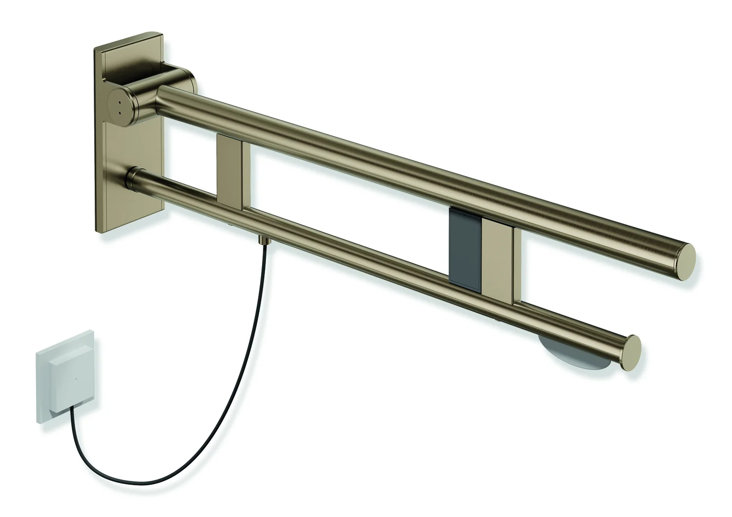 HEWI Stützklappgriff Duo System 900, Design A, Edelstahl PVD bronze gebürstet, Ausladung 750 mm, mit WC-Papierhalter und Spülauslösung rechts