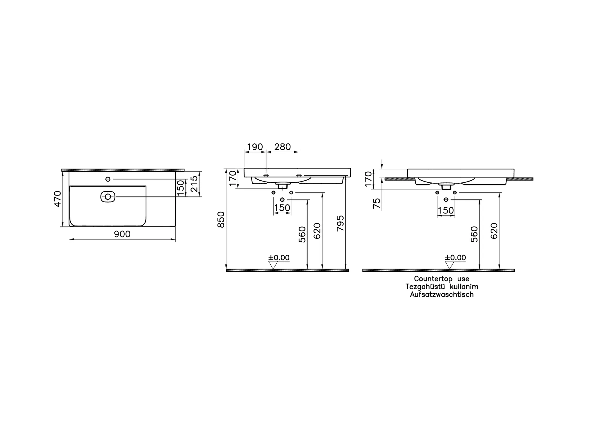 VitrA New Metropole Aufsatzwaschtisch wandgebunden rechteckig asymmetrisch 90 x 47 cm Becken links Ablage rechts mit Hahnloch mit Überlaufschlitz Schwarz Matt