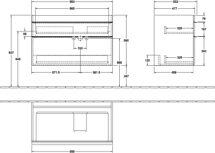 Villeroy & Boch Waschtischunterschrank „Venticello“ für Schrankwaschtisch 953 × 590 × 502 mm Volcano Black, für Becken rechts