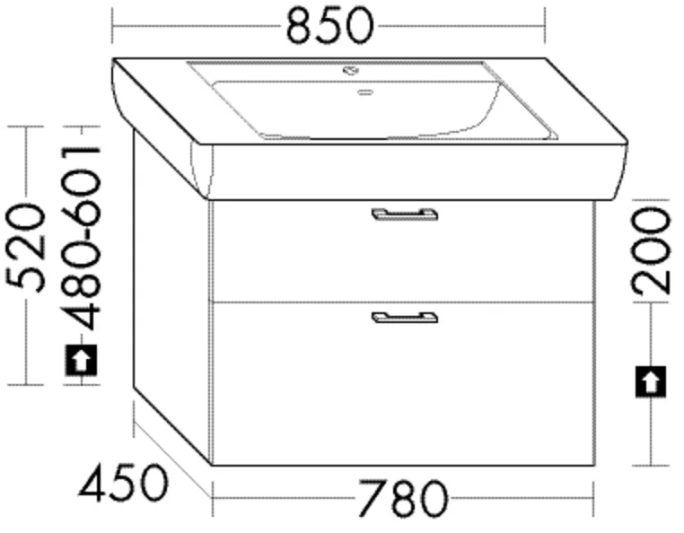 Waschtischunterschrank Sys30 von burgbad – 450 mm tief, 780 mm breit, 520 mm hoch, mit 1 Schublade oben und 1 Auszug unten Waschtischunterschrank Sys30 von burgbad – 450 mm tief, 780 mm breit, 520 mm hoch, mit 1 Schublade oben und 1 Auszug unten