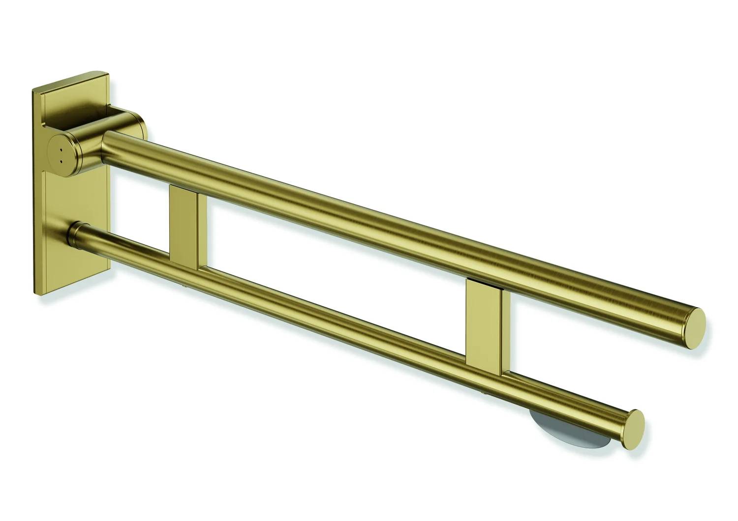 HEWI Stützklappgriff Duo System 900, Design A, Edelstahl PVD gold gebürstet, Ausladung 750 mm, mit WC-Papierhalter