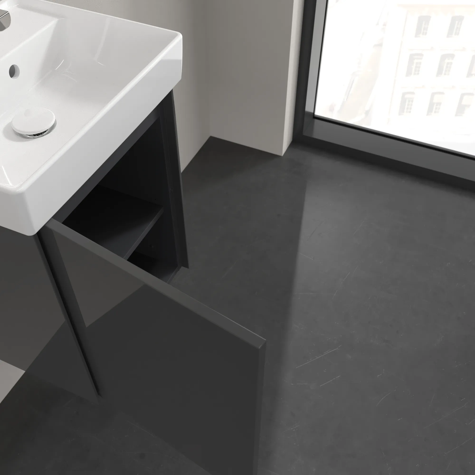 Villeroy & Boch Waschtischunterschrank mit Tür „Collaro“ 410 × 546 × 344 mm Glossy Grey, für Becken mittig, Anschlag links, ohne Beleuchtung Villeroy & Boch Waschtischunterschrank mit Tür „Collaro“ 410 × 546 × 344 mm Glossy Grey, für Becken mittig, Anschlag links, ohne Beleuchtung