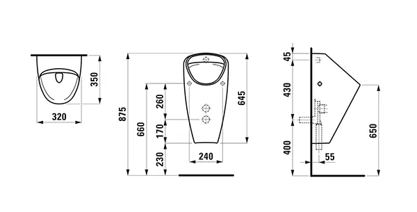 Absaugeurinal CAPRINO PLUS 350x320x645, spülrandlos, Wasserzulauf innen ohne elektronischer Steuerung weiß