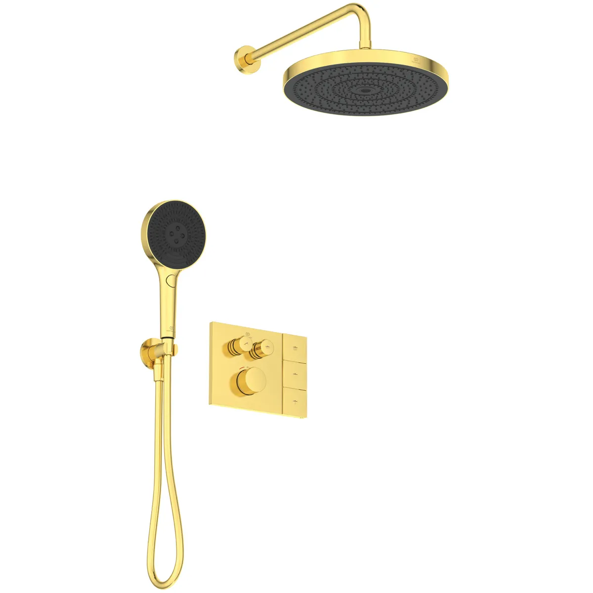 Armaturen-Paket, Brausethermostat Unterputz Bausatz 2 für Fertigmontage, Unterputz-Bausatz 1 Easy-Box, Regenbrause, Wandanschluss, Handbrause, Wandanschlussbogen Unterputz, Brauseschlauch Brushed Gold Armaturen-Paket, Brausethermostat Unterputz Bausatz 2 für Fertigmontage, Unterputz-Bausatz 1 Easy-Box, Regenbrause, Wandanschluss, Handbrause, Wandanschlussbogen Unterputz, Brauseschlauch Brushed Gold