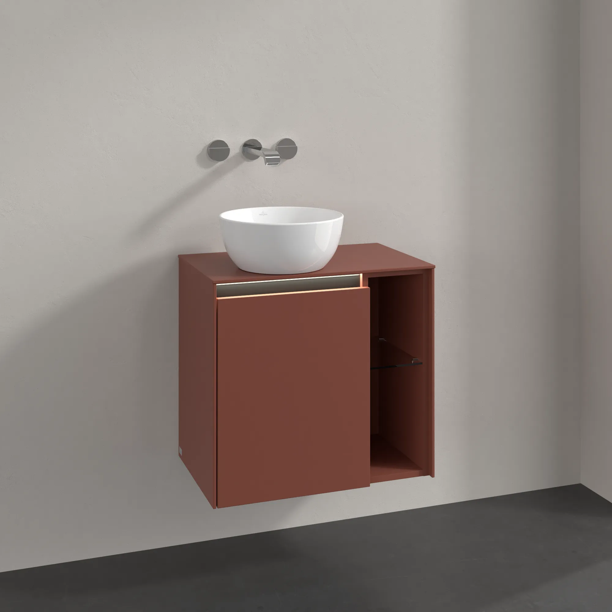 Villeroy & Boch Waschtischunterschrank „Collaro“ 600 × 548 × 380 mm Wine Red, für Becken links, Anschlag links, mit Beleuchtung Villeroy & Boch Waschtischunterschrank „Collaro“ 600 × 548 × 380 mm Wine Red, für Becken links, Anschlag links, mit Beleuchtung