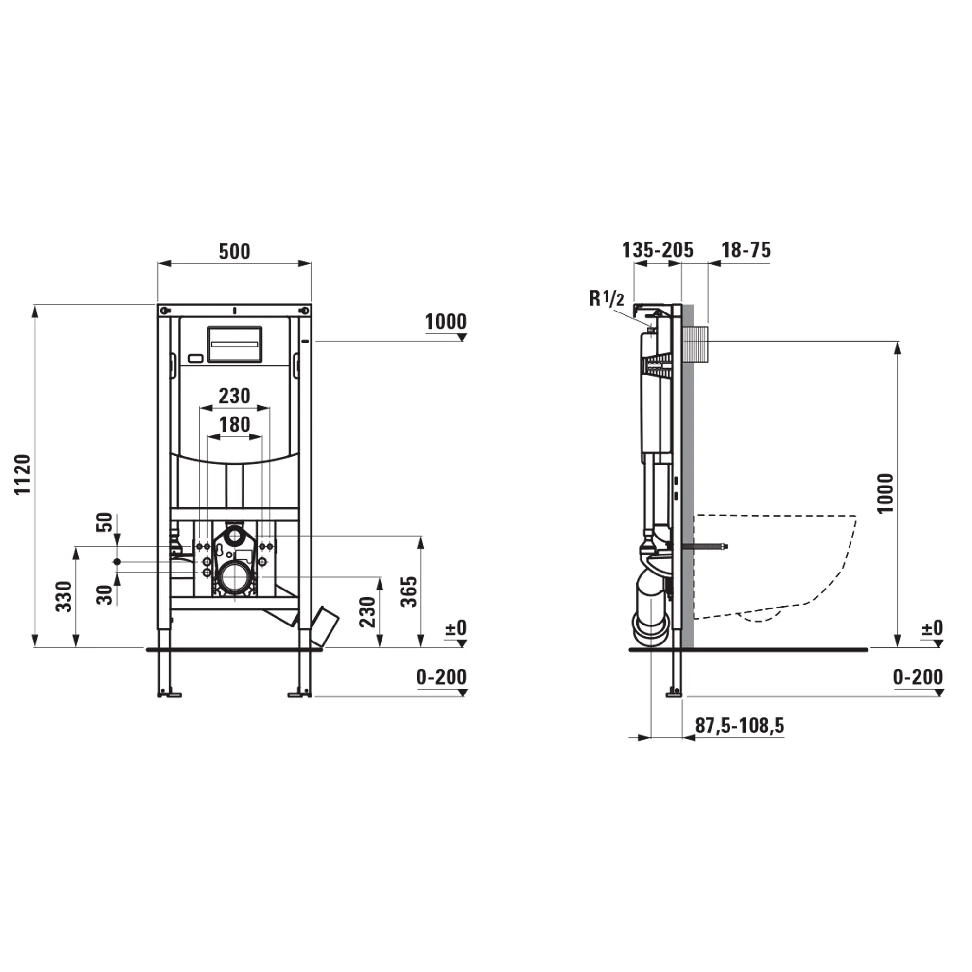 Installationselement INEOLINK mit Spülkasten für Wand-WC und Dusch-WC, Betätigung von vorne, verstellbarer Spülstromdrossel, Füße höhenverstellbar, drehbar, Zweimengenspülung 6/3L, umstellbar auf 4,5/3L, schwitzwasserisoliert