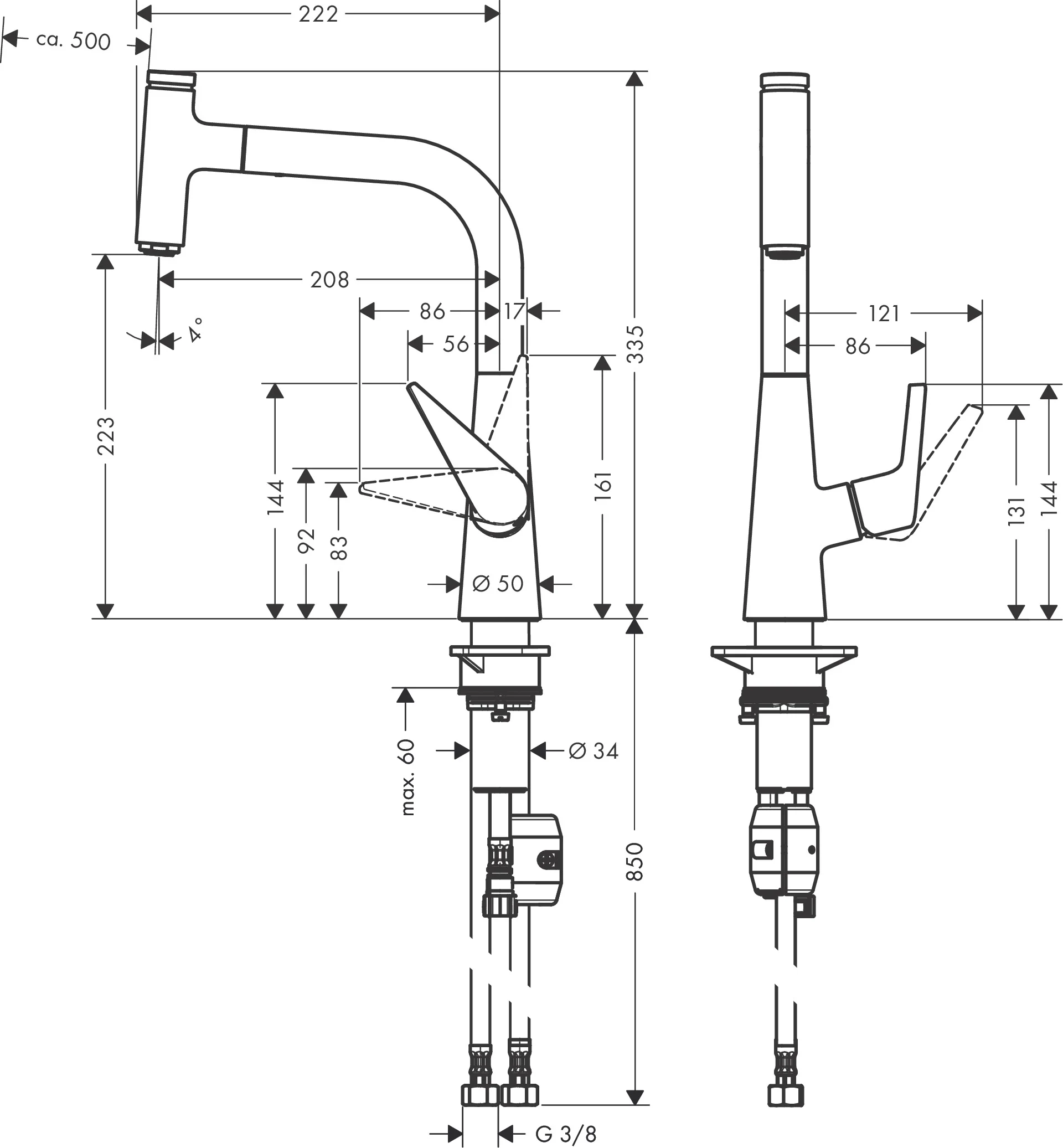 Hansgrohe Talis Select M51 Einhebel-Küchenmischer 220 mit Ausziehauslauf, Edelstahl-Optik, Schwenkbereich 110° oder 150°, Normalstrahl, Select-Knopf, MagFit-Brausehalterung, max. Durchfluss 8 l/min, Keramikmischsystem, Temperaturbegrenzung, Rückflussverh