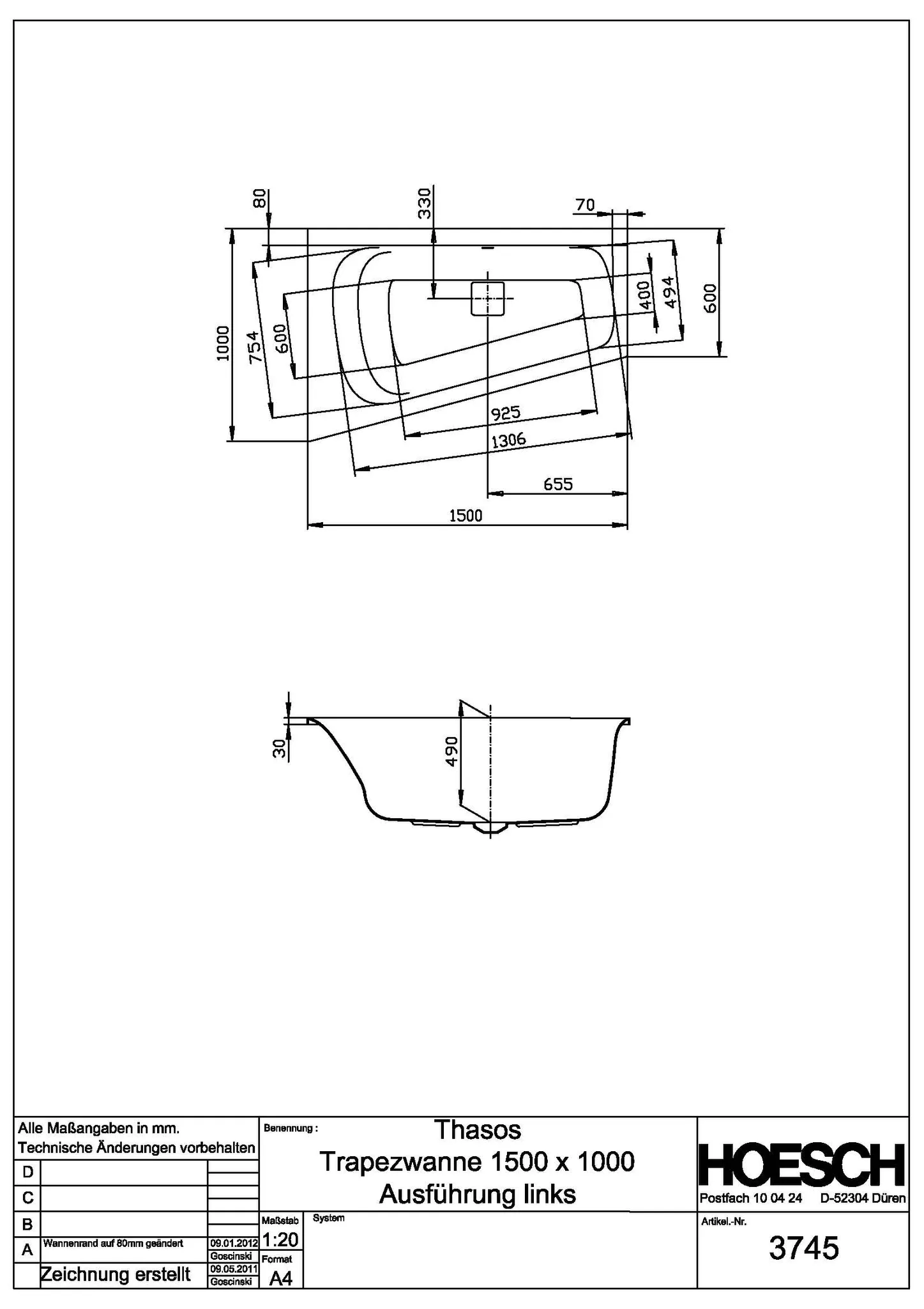 Hoesch Badewanne „Thasos“ trapez 150 × 100 cm, links in Weiß