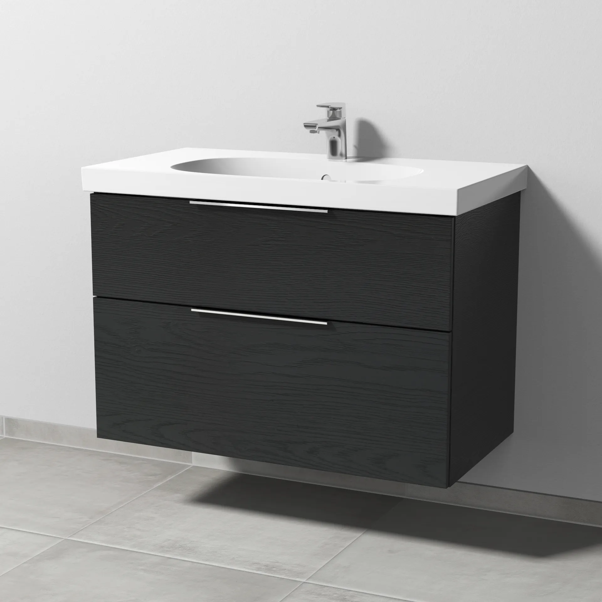 Sanipa Waschtischunterschrank „3way“ passend zu Keramik-Waschtische Acanto von Geberit 870 × 586 × 467 mm in Black Oak, mit Hahnlochbohrung, Becken