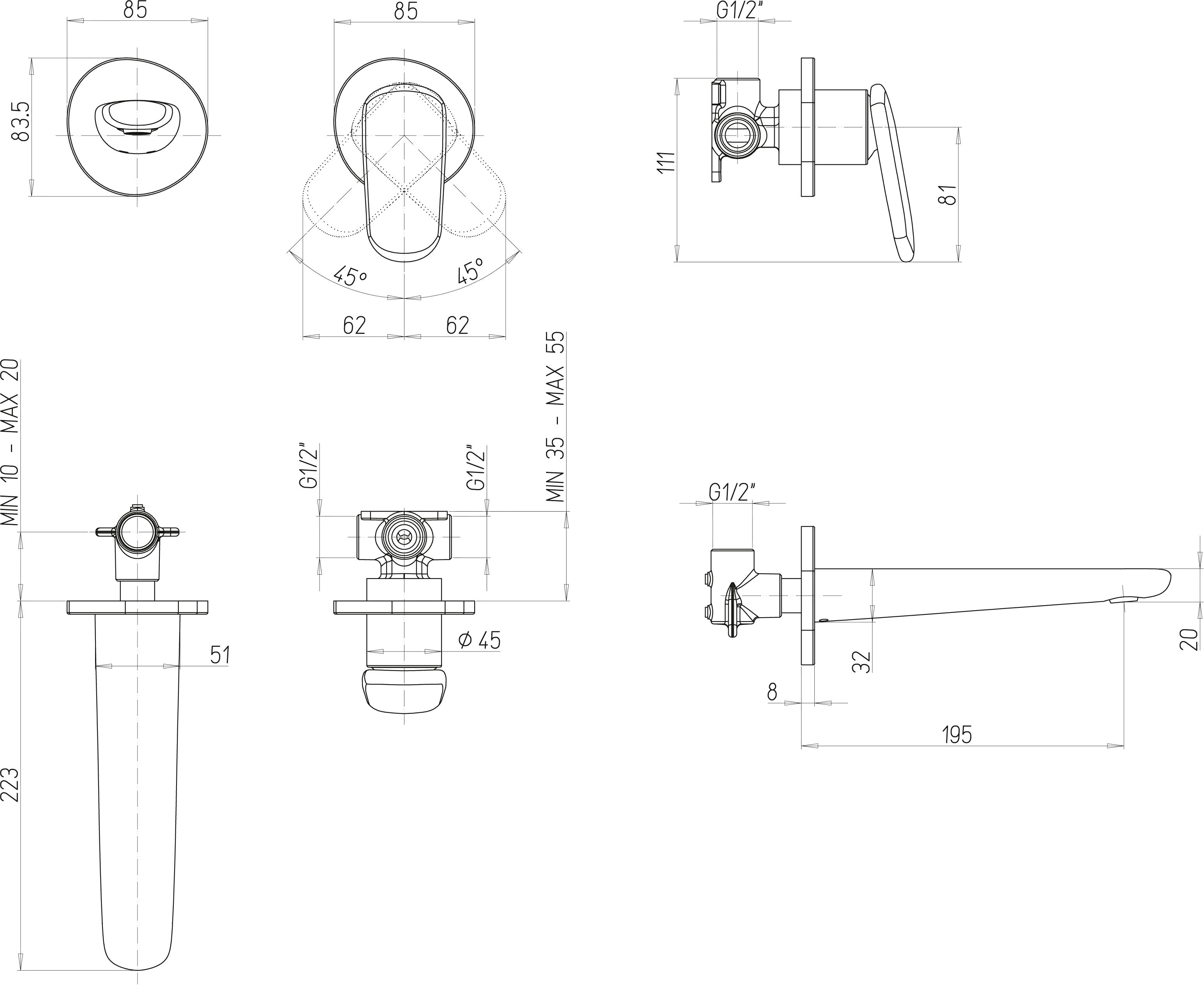 Zweihand-Waschtischarmatur „Antao“ 22,3 cm Ausladung 195 mm