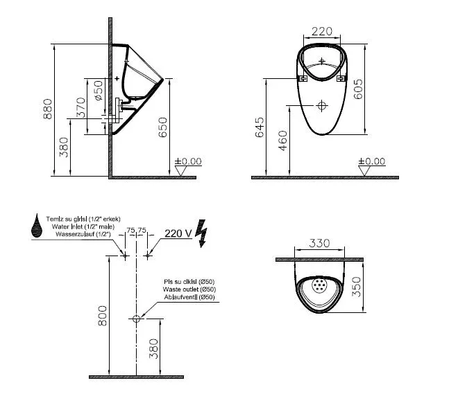 VitrA Plural Urinal wandhängend Netzanschluss (230 V) 33 x 35 x 61 cm mit Zulauf von hinten Taupe Matt