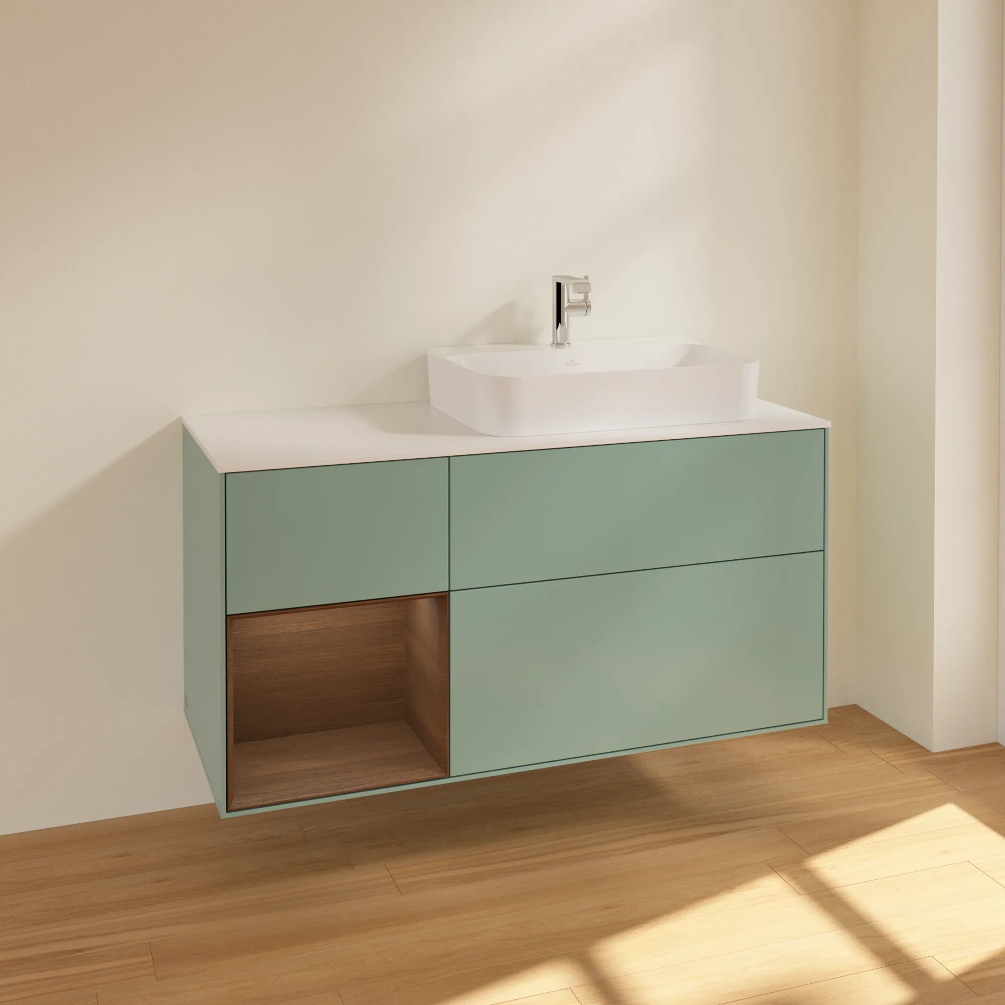 Villeroy & Boch Waschtischunterschrank „Finion“ für Schrankwaschtisch 1200 × 603 × 501 mm Olive Matt Lacquer, für Becken rechts Villeroy & Boch Waschtischunterschrank „Finion“ für Schrankwaschtisch 1200 × 603 × 501 mm Olive Matt Lacquer, für Becken rechts