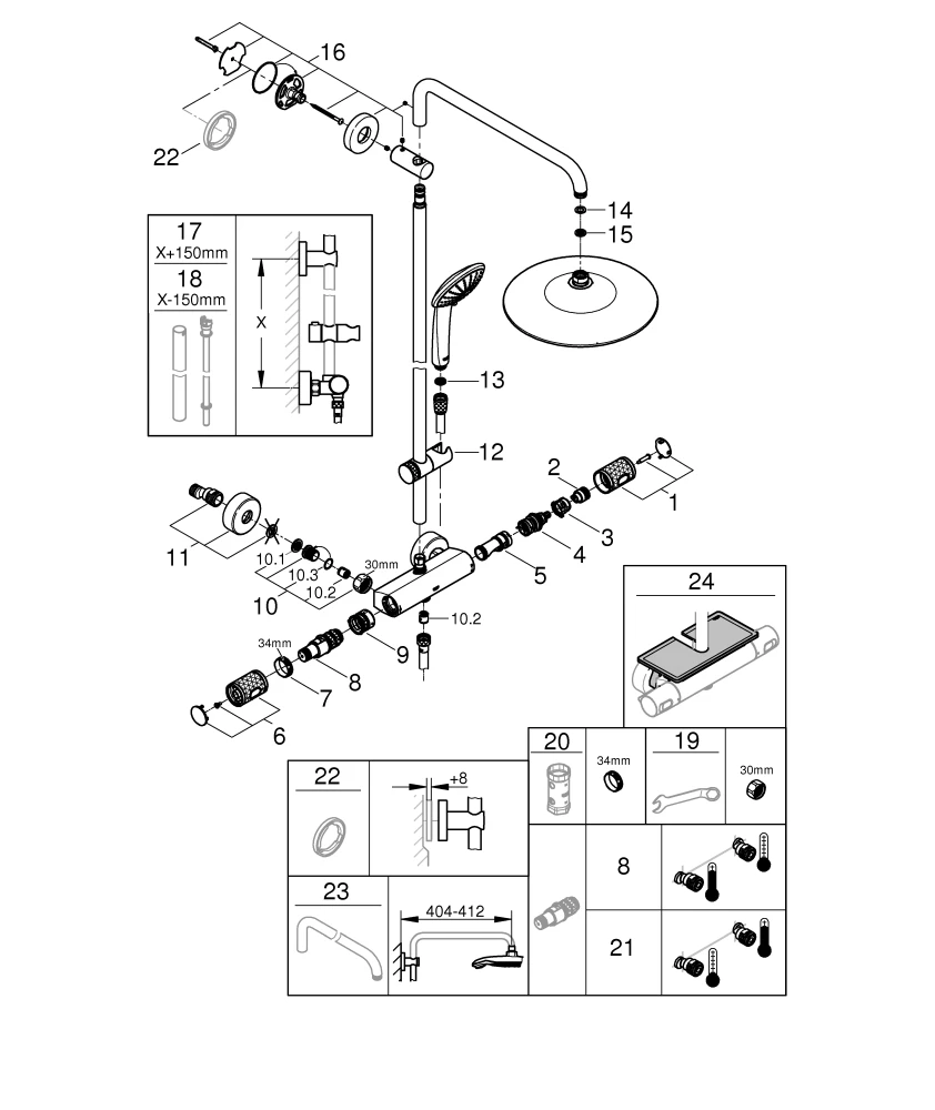 Duschsystem Euphoria System 260 27615_2, Aufputz-Thermostat mit Aquadimmer Funktion, Wandmontage, 450 mm Duscharm, Kopfbrause Euphoria 260 (27239), Handbrause Euphoria 110 Massage (27239), CoolTouch, chrom