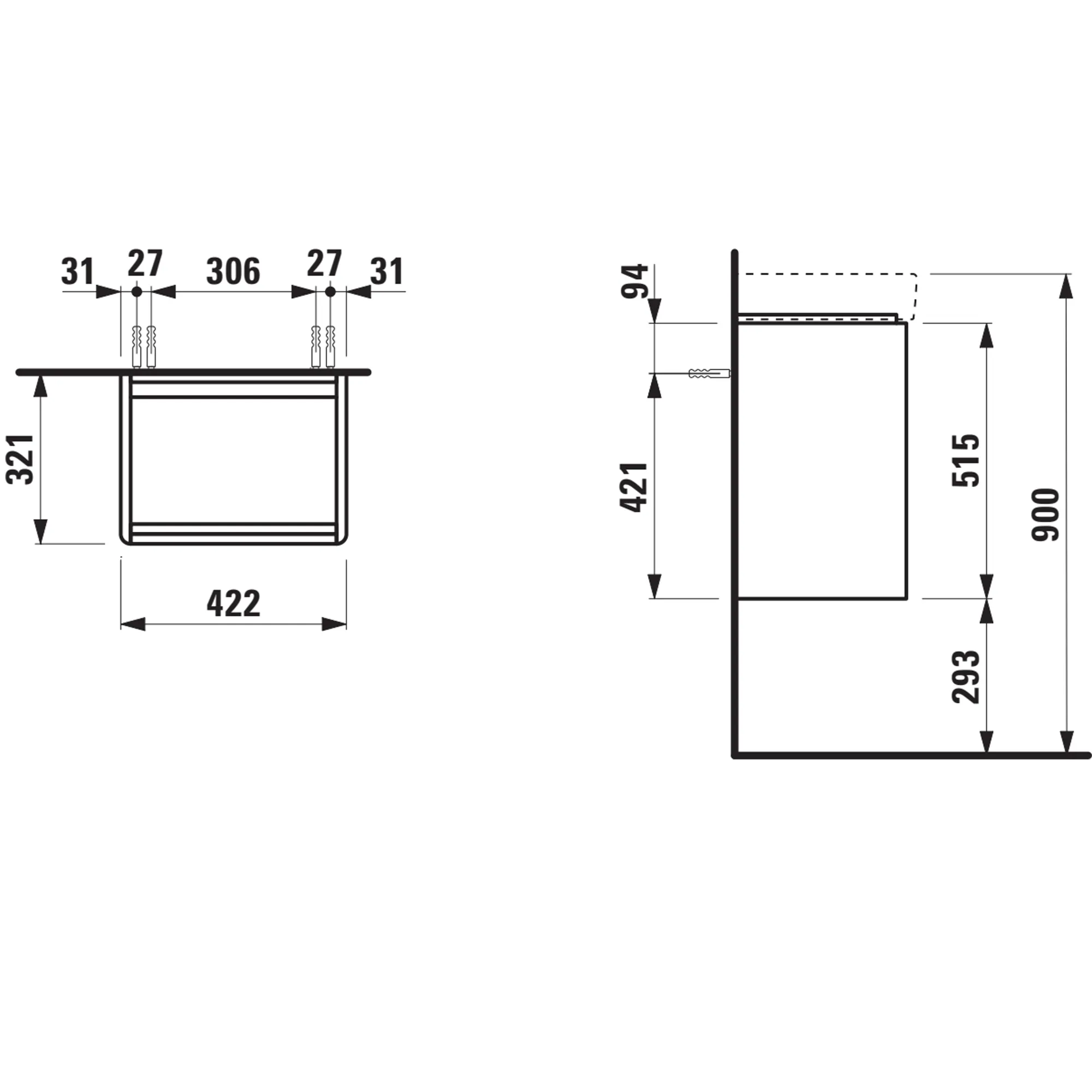 Waschtischunterbau BASE 2.0 für PRO S 320x422x515 1 Tür mit Griffmulde, Scharnier links für Waschtisch H815961 weiß matt