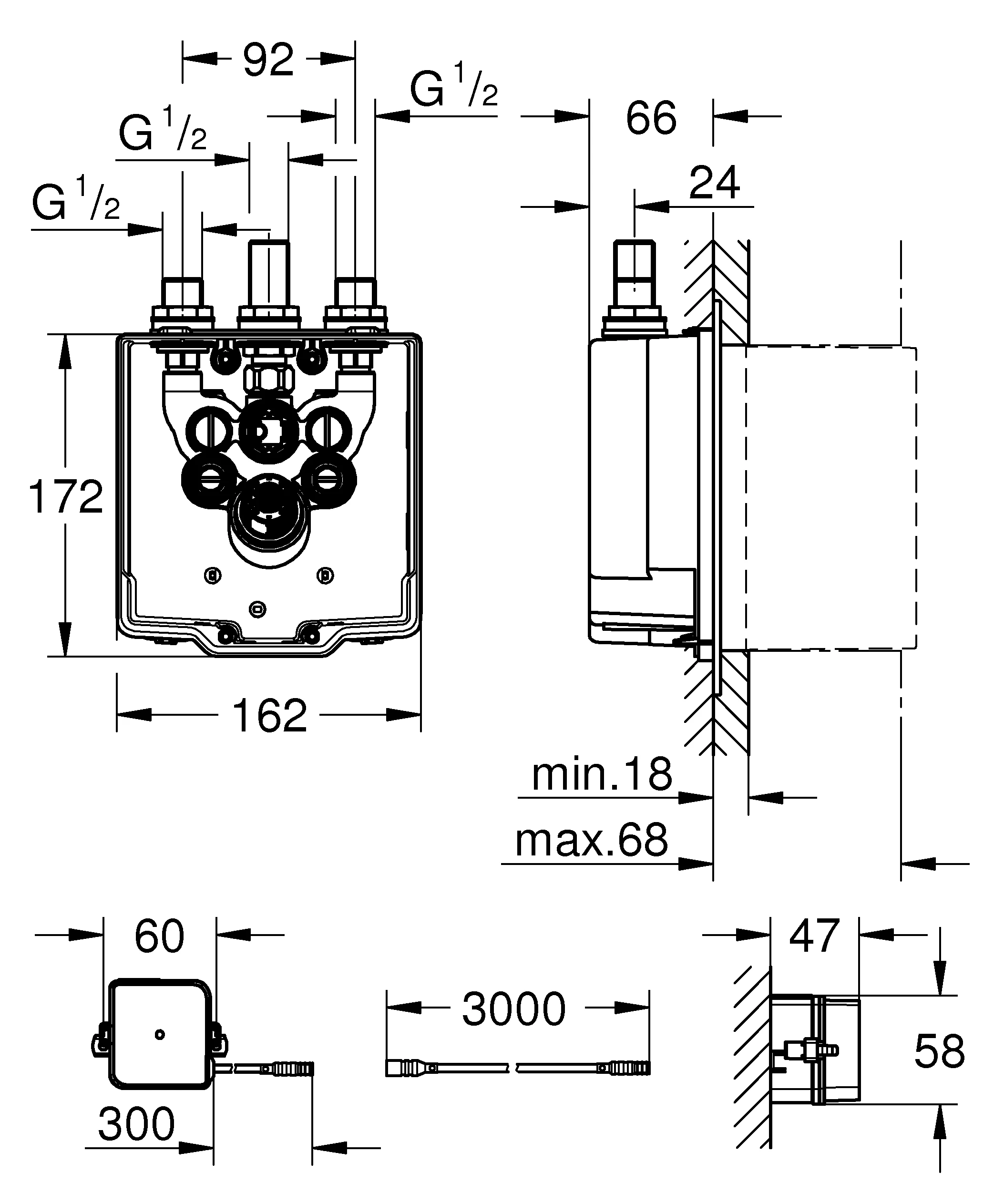 Unterputzkörper Eurosmart CE 36416_1, für Brause, für 36 415 und 36 463, mit verdeckter, voreinstellbarer thermostatischer Mischung, Trafo 230 V, mit Dichtmanschette, für normgerechte Wanddurchführung bei Wassereinwirkung nach DIN 18534:2017,