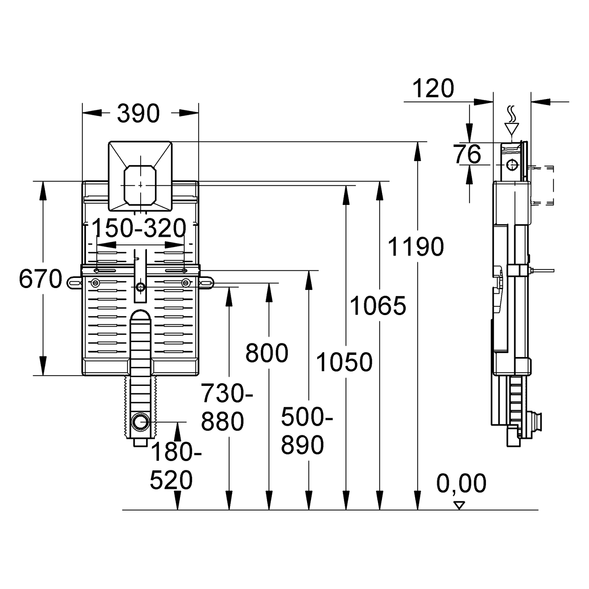 Urinal-Element Uniset 38785, schalldämmendes EPS-Modul zum Ummauern, mit Infrarot-Elektronik und Rapido U, für Fertigmontagesets mit Abmessungen 116 × 144 mm