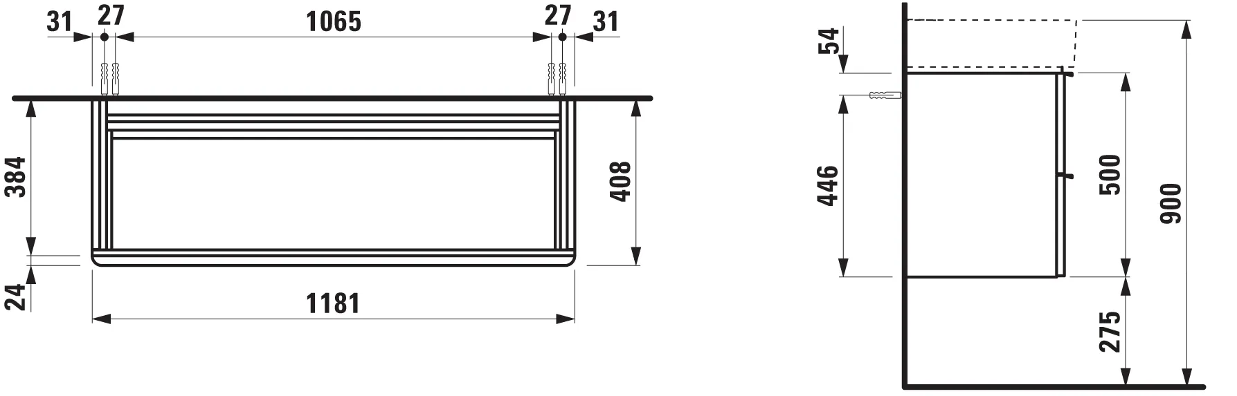 Laufen Waschtischunterbau „SPACE“ 1181 × 500 × 408 mm Weiß matt