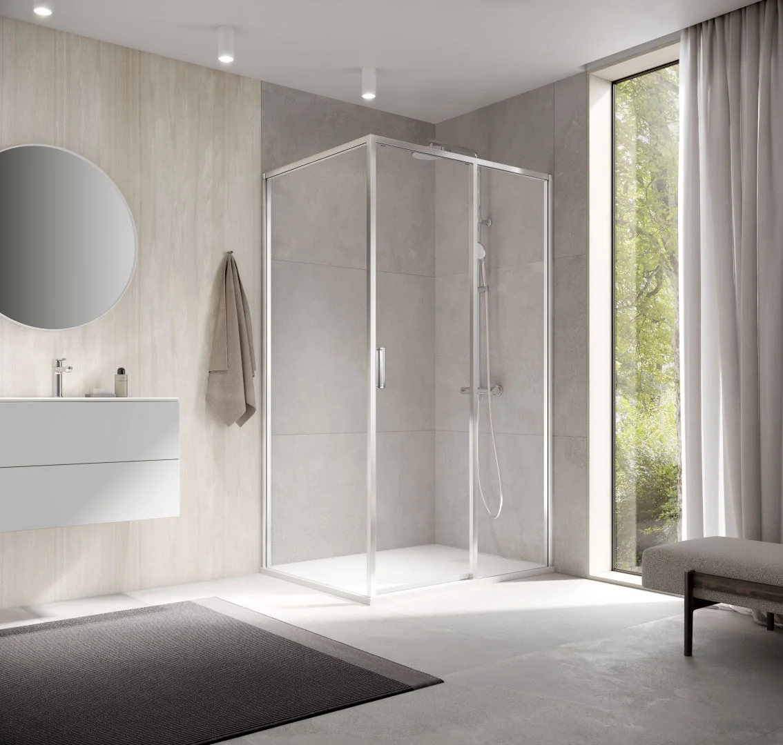 Kermi Duschdesign Seitenwand „Yanea“ Anschlag links Glas Klar, Profile Schwarz Soft (RAL 9005), für #Türbreite#, WE: /1015 – 1030 mm H: 2000 mm