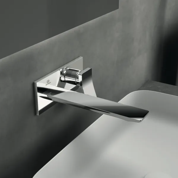 Wand-Waschtischarmatur Conca, Bausatz 2, eckige Rosette, Ausladung 220mm, Brushed Gold Wand-Waschtischarmatur Conca, Bausatz 2, eckige Rosette, Ausladung 220mm, Brushed Gold