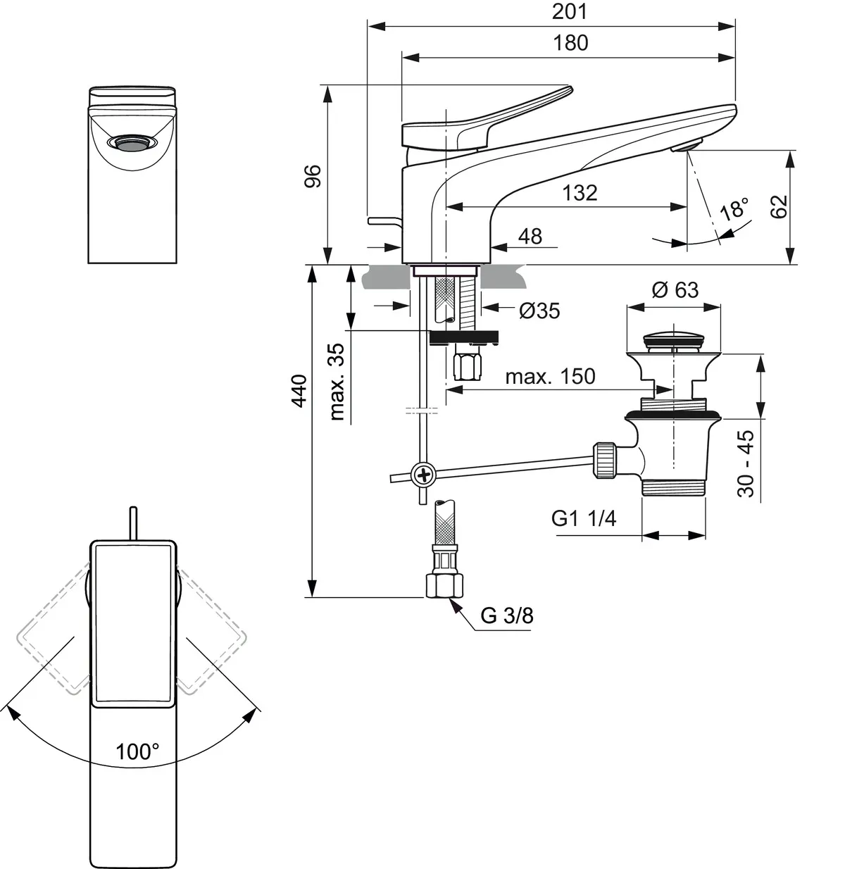 Waschtischarmatur Conca, mit Ablaufgarnitur, Ausladung 132mm, Brushed Gold Waschtischarmatur Conca, mit Ablaufgarnitur, Ausladung 132mm, Brushed Gold
