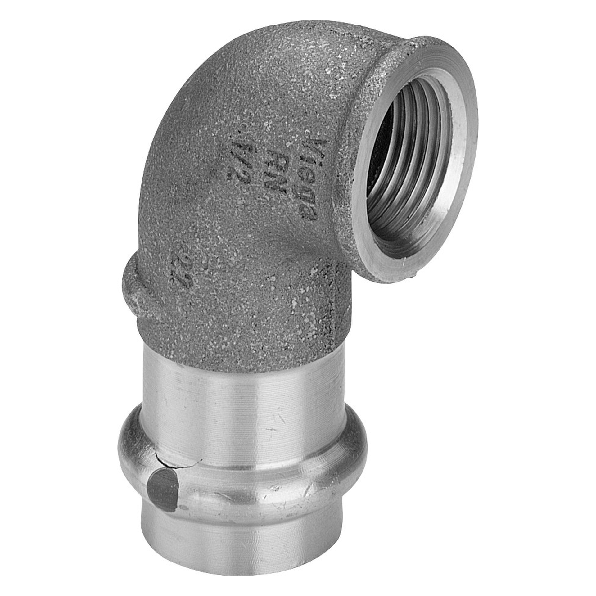 „Sanpress“ 90°-Übergangswinkel mit Innengewinde 42 mm × 1 1/2″ „Sanpress“ 90°-Übergangswinkel mit Innengewinde 42 mm × 1 1/2″