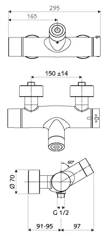 Aufputz-Duscharmatur VITUS VD-C-T / u, Mischwasser, Thermostat, Elektronisch, Selbstschluss, Batteriefach, 2x DN 15 G 1/2 AG, DN 15 G 1/2 AG (unten), chrom