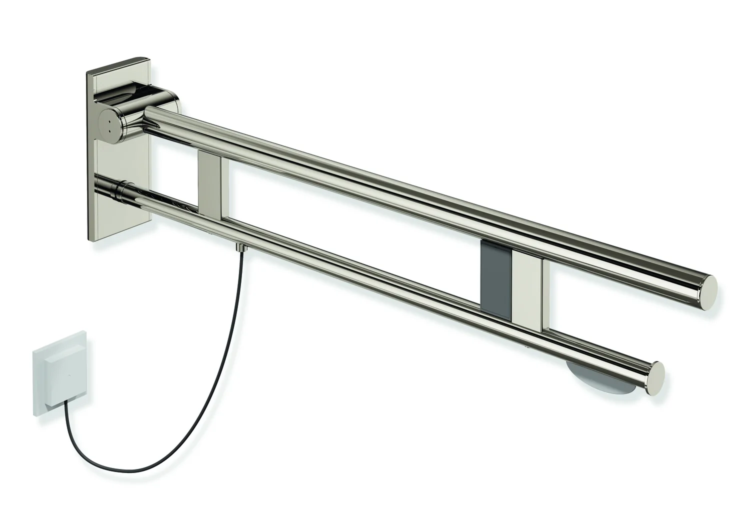 HEWI Stützklappgriff Duo System 900, Design A, Edelstahl PVD nickelglänzend, Ausladung 850 mm, mit WC-Papierhalter und Spülauslösung rechts