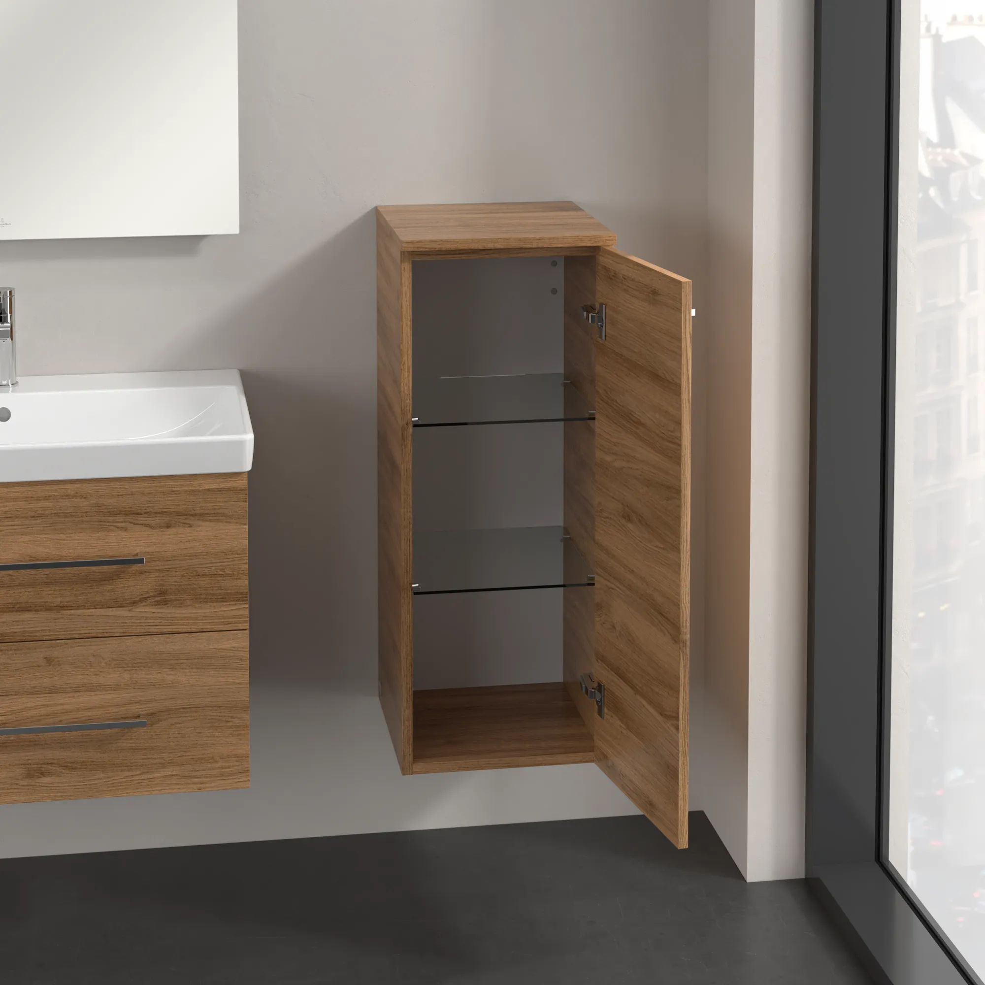 Villeroy & Boch Seitenschrank „Avento“ 35 × 89 × 37,3 × 37,3 cm in #Farbe#, Kansas Oak,, Anschlag rechts, Soft Closing, 1 Tür