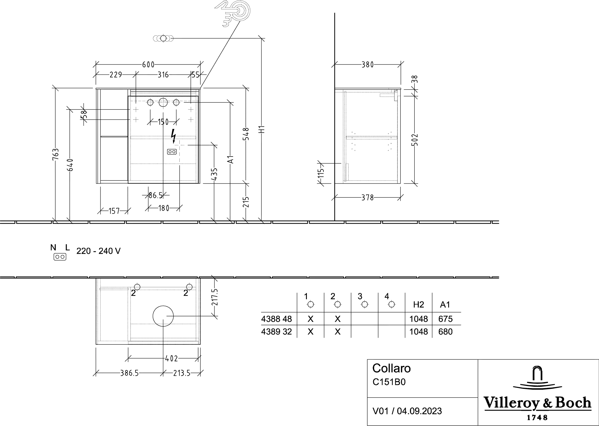 Villeroy & Boch Collaro Waschbeckenunterschrank C151B0, 600x548x380 mm, mit Beleuchtung, 1 Tür, Anschlag rechts