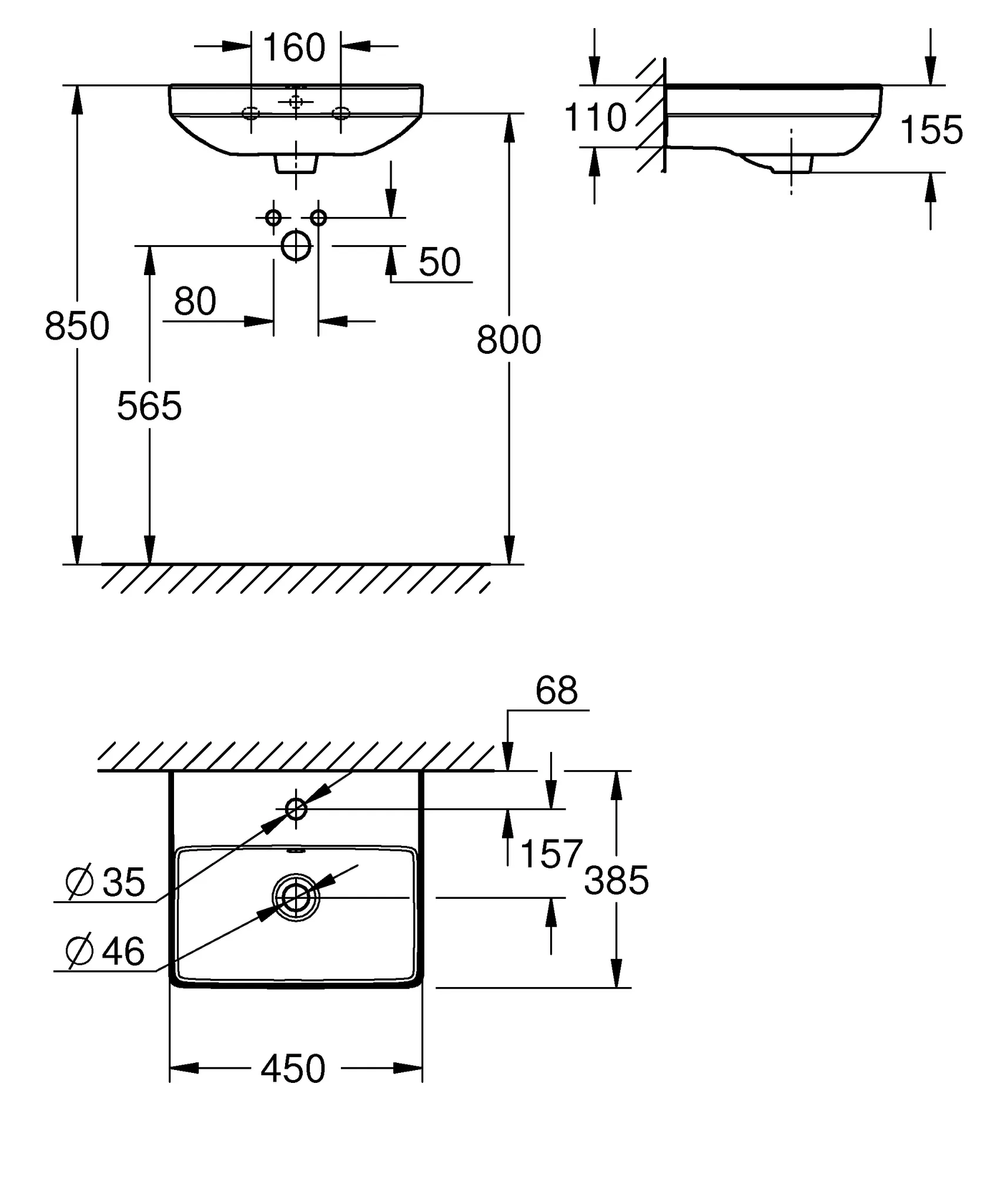 Waschbecken „Euro Keramik“, Hahnlochposition mittig Waschbecken „Euro Keramik“, Hahnlochposition mittig