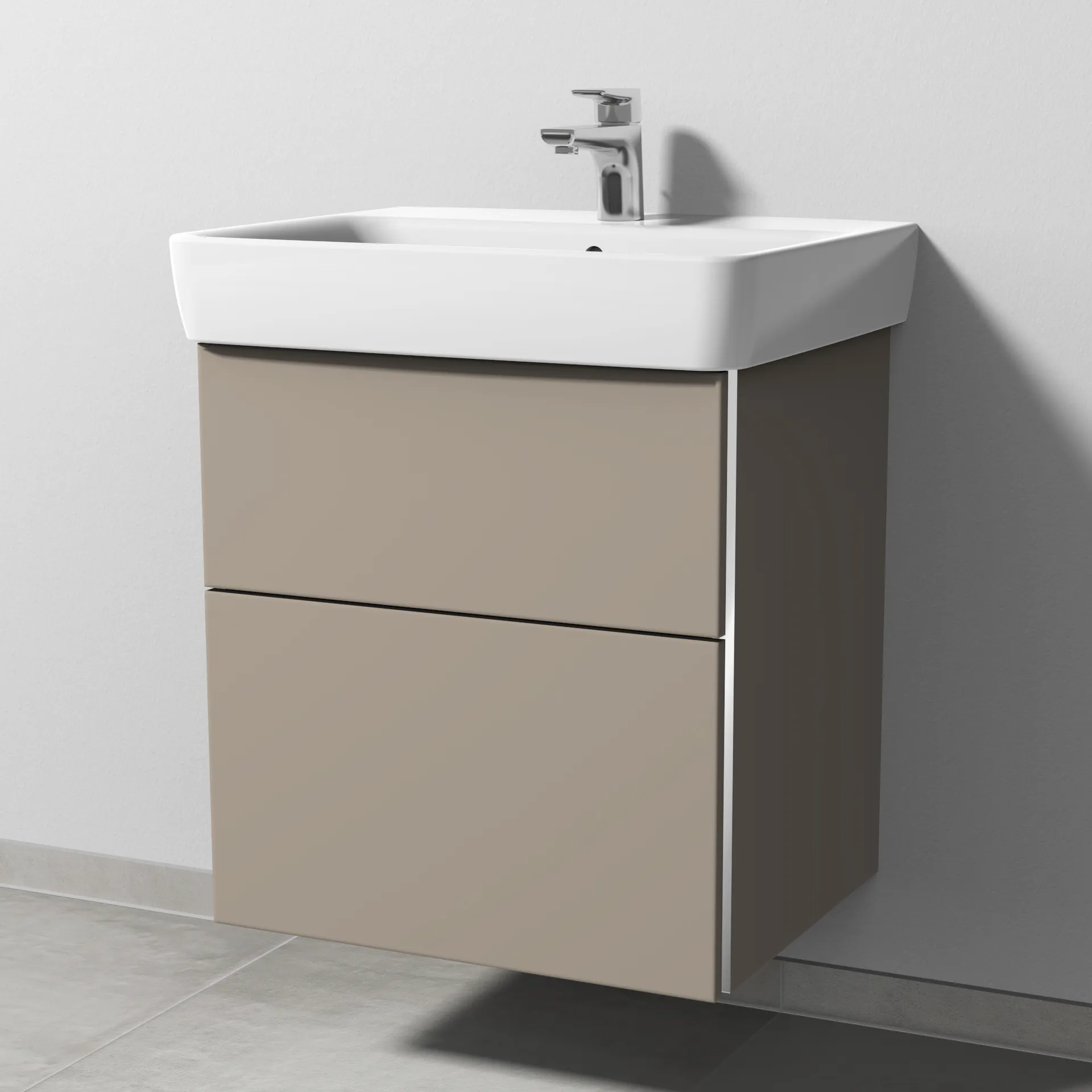 Sanipa Waschtischunterschrank „3way“ passend zu Keramik-Waschtische Renova Plan von Geberit 540 × 588 × 447 mm in Sandgrau (matt), Becken mittig