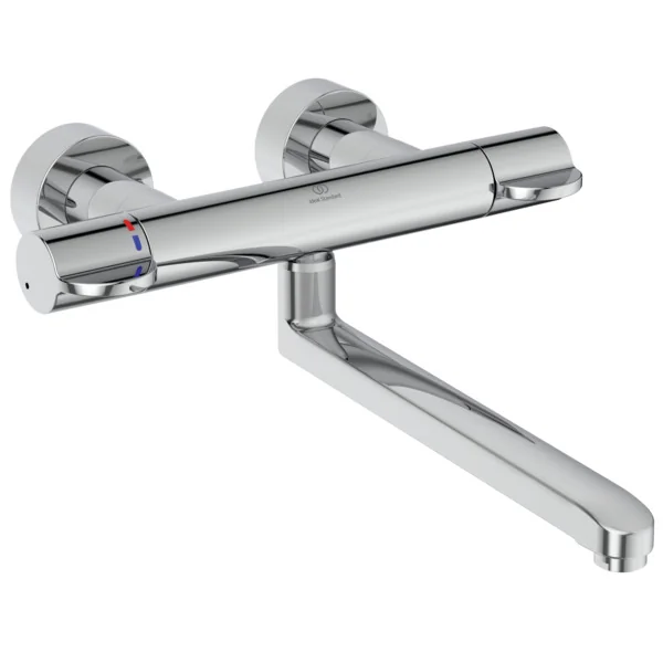 Ideal Standard Ceraplus Safe Wand-Waschtischthermostat Chrom, Ausladung 380 mm, thermische Desinfektion und absperrbare S-Anschlüsse