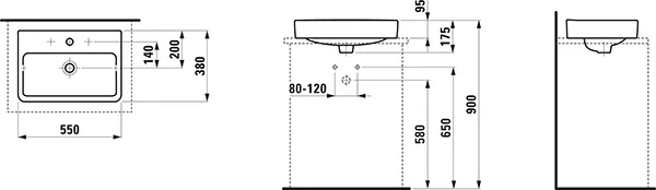 Waschtisch-Schale PRO S 380x550x175 1 Hahnloch mit Überlauf mit Hahnlochbank weiß