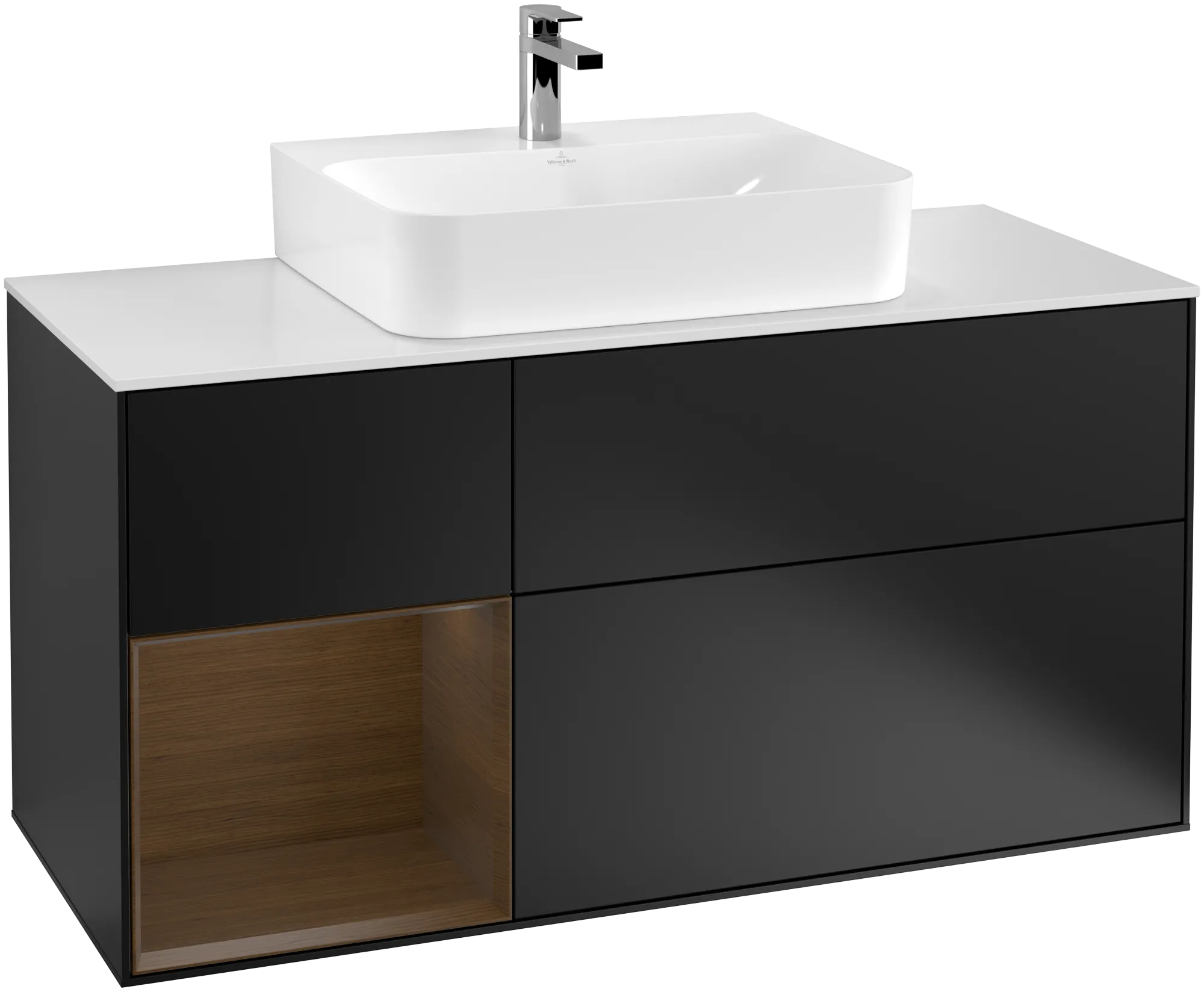 Villeroy & Boch Finion Waschbeckenunterschrank G16, 1200x603x501mm, Black Matt Lacquer / Walnut Veneer / Glass White Matt