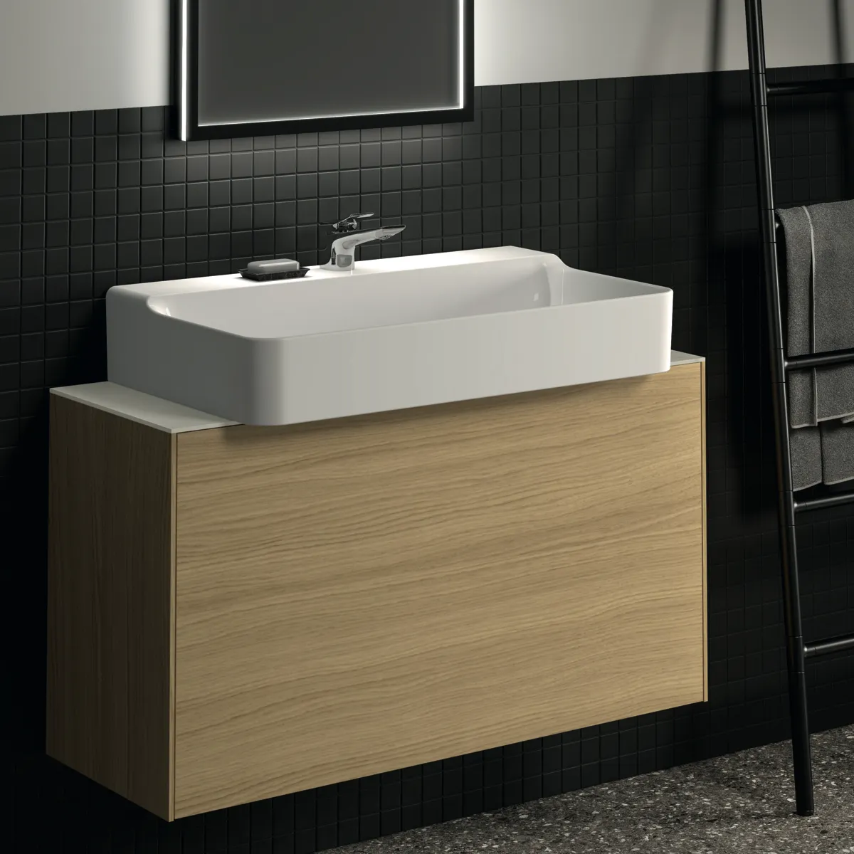 Waschtischplatte Conca, aus Keramik, 1002x373x6mm, Marmor Noir Desir