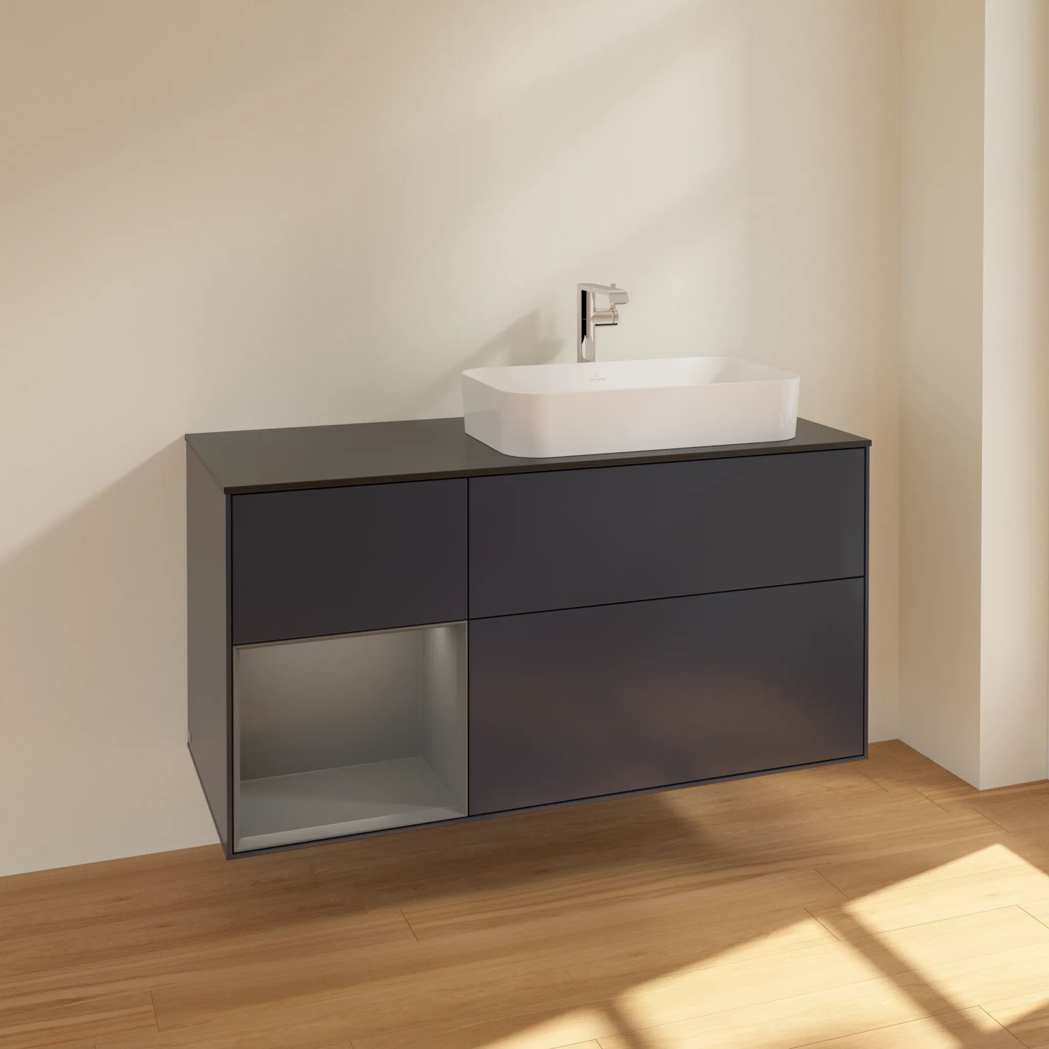 Villeroy & Boch Waschtischunterschrank „Finion“ für Schrankwaschtisch 1200 × 603 × 501 mm Midnight Blue Matt Lacquer, mit Hahnlochbohrung, für Becken rechts Villeroy & Boch Waschtischunterschrank „Finion“ für Schrankwaschtisch 1200 × 603 × 501 mm Midnight Blue Matt Lacquer, mit Hahnlochbohrung, für Becken rechts