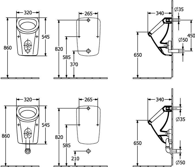 Urinal „Newo“, Zulauf von hinten, Befestigung verdeckt 32 × 54,5 × 34 cm