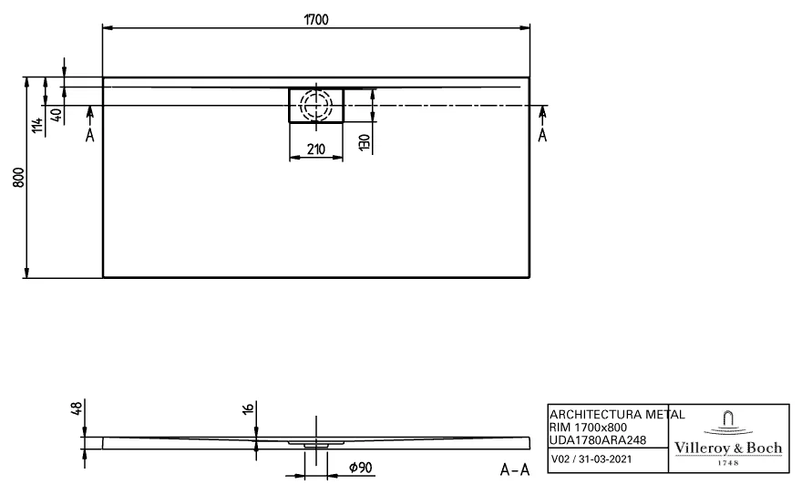 Villeroy & Boch rechteck Duschwanne „Architectura MetalRim“ 170 × 80 cm mit Antirutsch (VILBOgrip), in Weiß Alpin