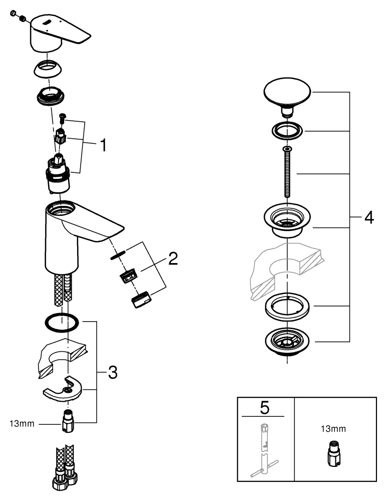 Einhand-Waschtischbatterie BauEdge 23896_1, S-Size, Einlochmontage, mit Temperaturbegrenzer, LowFlow 3,5 l/min Mousseur, glatter Körper, Push-open Ablaufgarnitur aus Kunststoff 1 1/4″, chrom