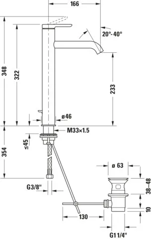 C.1 Einhebel-Waschtischmischer XL mitZugstange,Höhe 322 Ausladung 166 mm