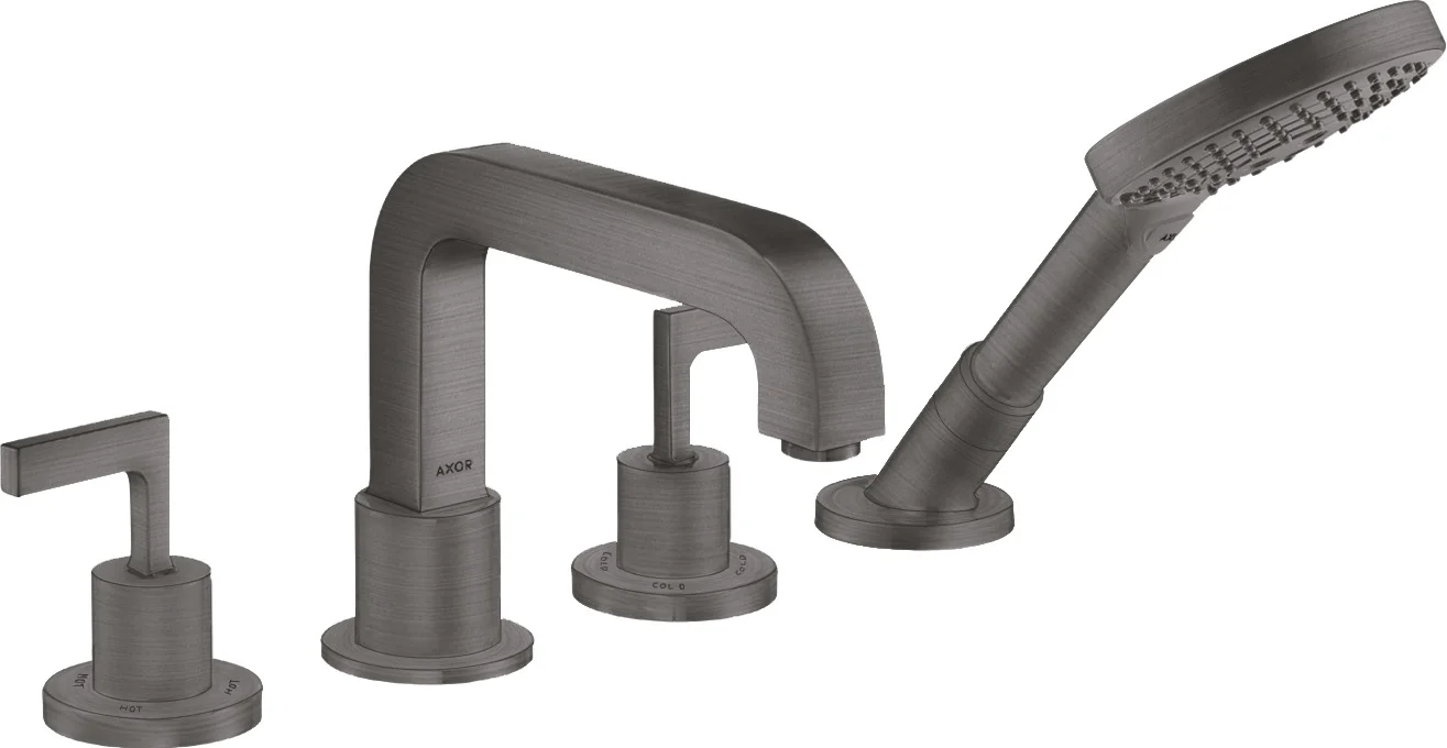 Hansgrohe AXOR Citterio 4-Loch Fliesenrandarmatur Brushed Black Chrome, Ausladung 190 mm, mit Handbrause und Brauseschlauch