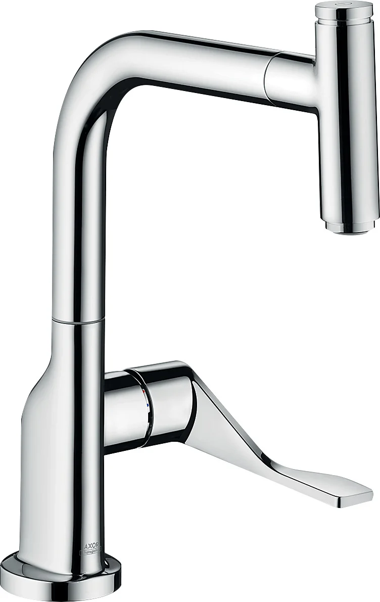 Hansgrohe AXOR Citterio Spültischmischer Select mit Ausziehauslauf, Chrom, ComfortZone 230, Schwenkbereich einstellbar auf 110° oder 150°, Normalstrahl, Select-Knopf, MagFit Brausehalterung, max. Durchflussmenge 9 l/min bei 3 bar, Keramikmischsystem, Tem