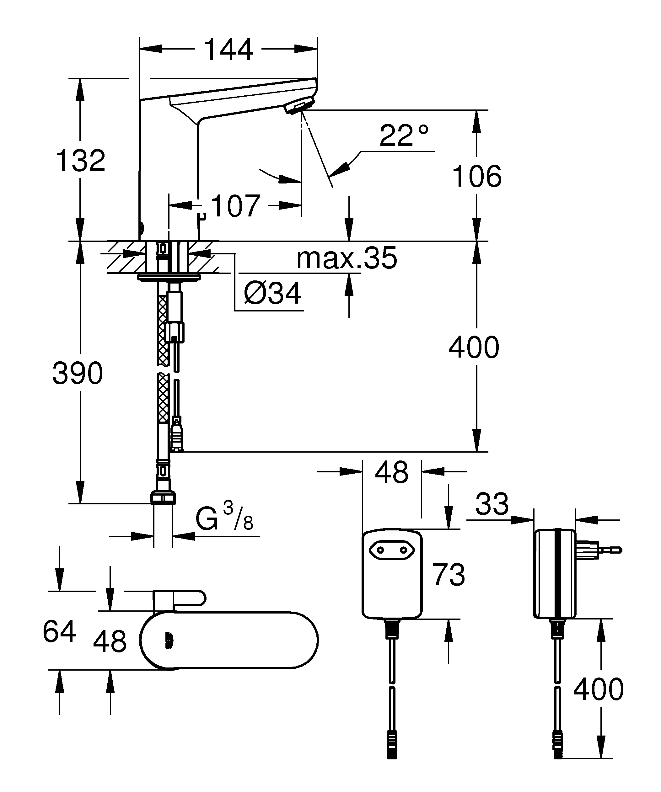 Infrarot-Elektronik für Waschtisch Eurosmart CE 36325_1, mit Mischung, Rückflussverhinderer, mit Steckertrafo 100-230 V AC, 50-60 Hz, 6 V DC, chrom