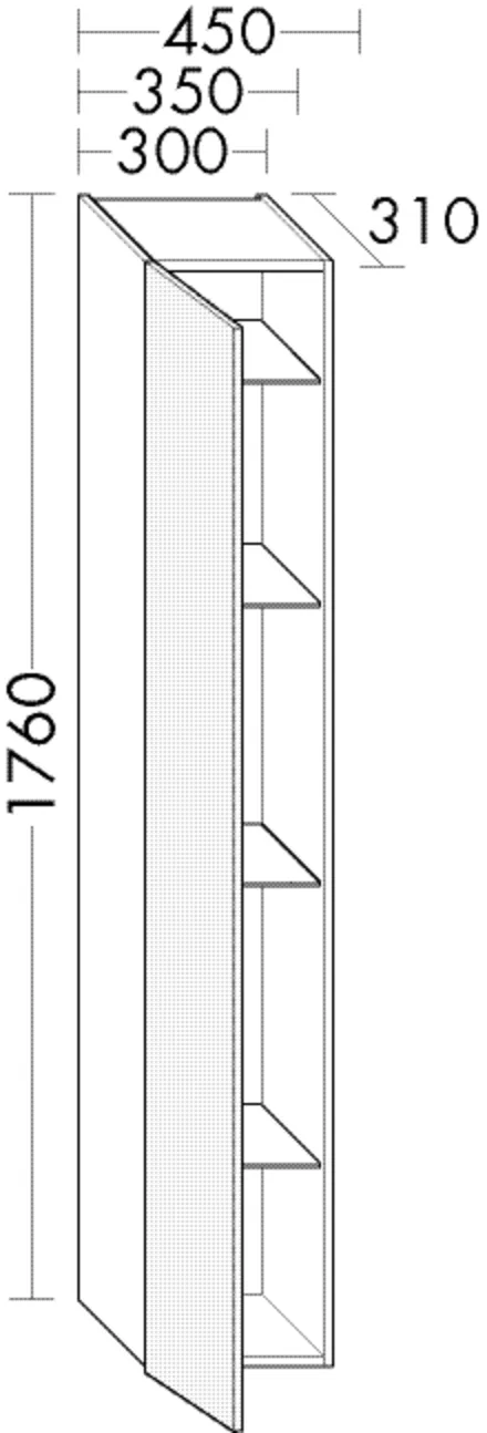 Hochschrank, 1 Spiegeltür, beidseitig verspiegelt;mit aufgeklebtem Griff für Tip-On-Technik;4 Glaseinlegeböden, Tiefe: 310 mm, Breite: 300 mm, Höhe: 1760 mm