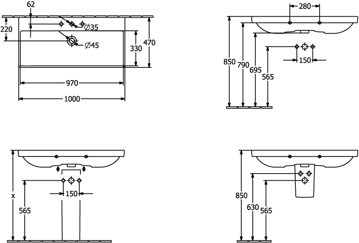 Villeroy & Boch Wandwaschtisch „Avento“ 1000 × 470 × 180 mm, für Becken mittig, Hahnlochposition mittig, mit Hahnlochbohrung in Weiß Alpin Villeroy & Boch Wandwaschtisch „Avento“ 1000 × 470 × 180 mm, für Becken mittig, Hahnlochposition mittig, mit Hahnlochbohrung in Weiß Alpin